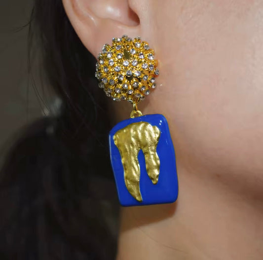 Bold Blue & Gold Statement Earrings - Gimmie Jewelry
