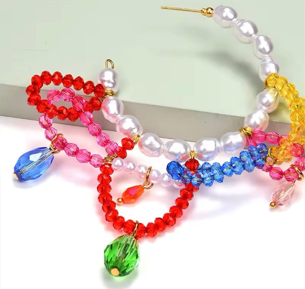 Vibrant Multicolor Crystal & Pearl Statement Hoop Earrings - Gimmie Jewelry