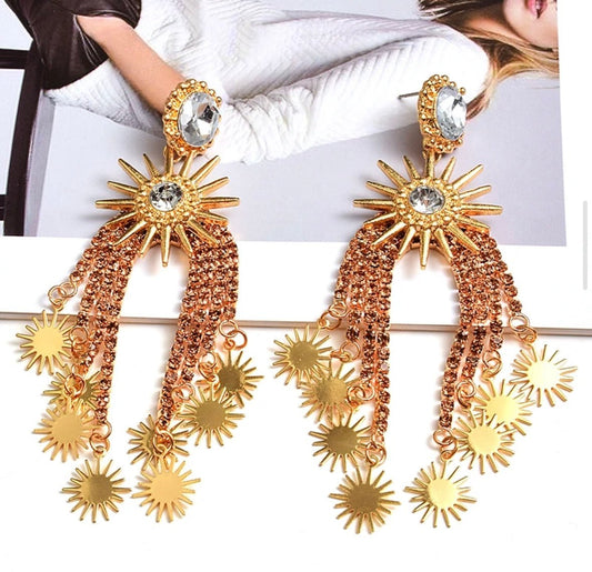 Golden Sunburst Crystal Statement Dangle Earrings - Gimmie Jewelry