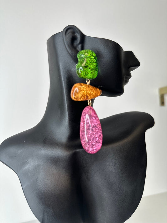 Colorblock Resin Drop Earrings – Green, Orange & Pink Statement Design - Gimmie Jewelry