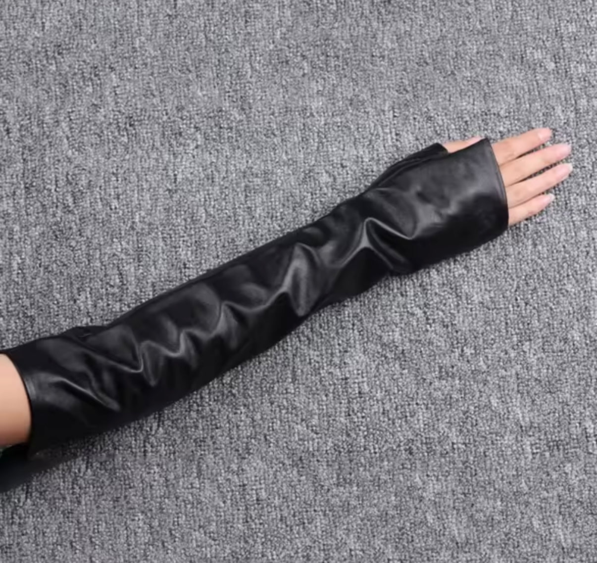 Long Black Faux Leather Arm Warmers – Fingerless Opera Gloves - Gimmie Jewelry