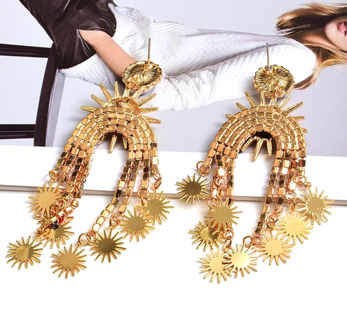 Golden Sunburst Crystal Statement Dangle Earrings - Gimmie Jewelry
