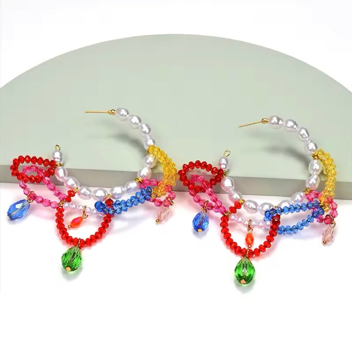 Vibrant Multicolor Crystal & Pearl Statement Hoop Earrings - Gimmie Jewelry