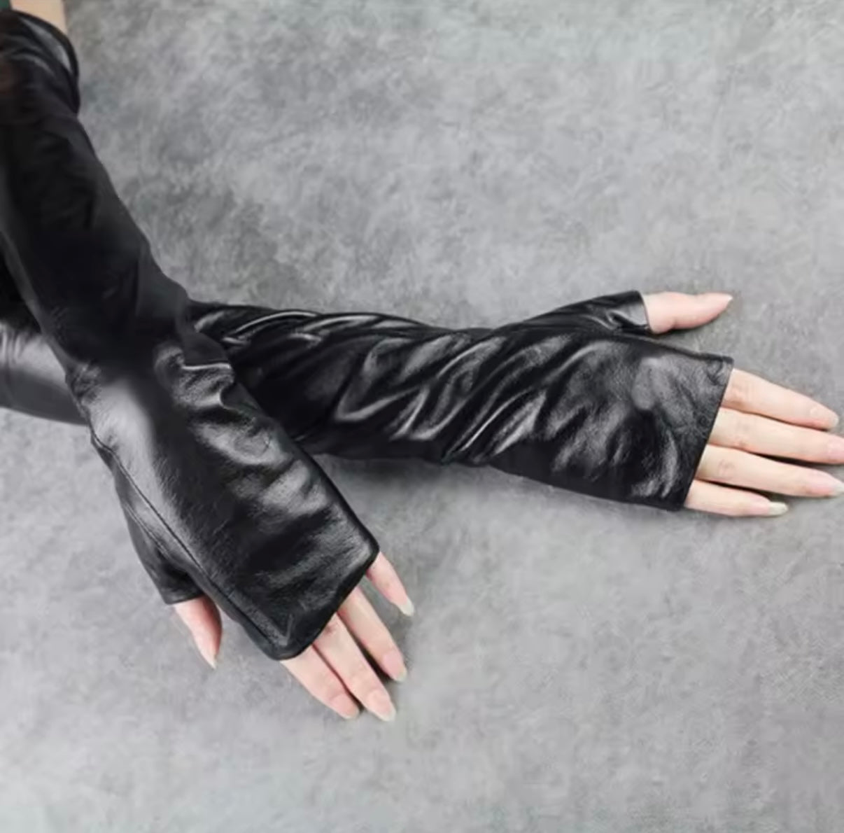 Long Black Faux Leather Arm Warmers – Fingerless Opera Gloves - Gimmie Jewelry