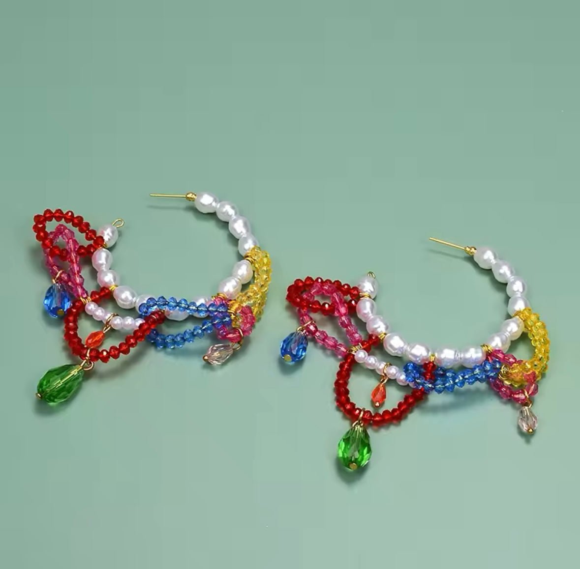 Vibrant Multicolor Crystal & Pearl Statement Hoop Earrings - Gimmie Jewelry
