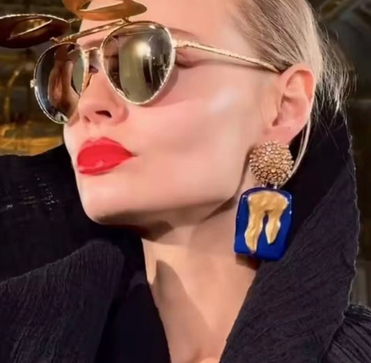 Bold Blue & Gold Statement Earrings - Gimmie Jewelry