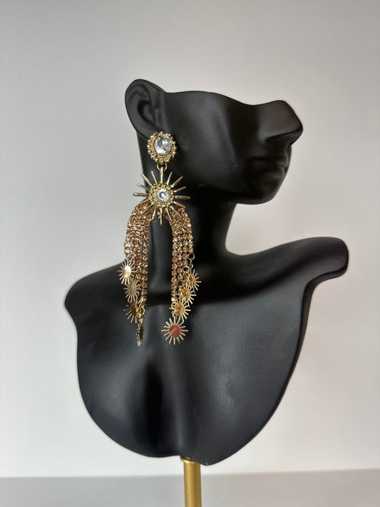 Golden Sunburst Crystal Statement Dangle Earrings - Gimmie Jewelry