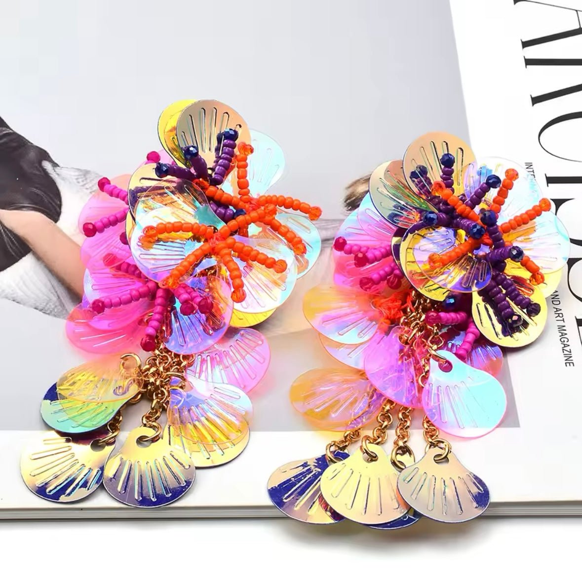 Iridescent Floral Sequin & Bead Statement Earrings - Gimmie Jewelry