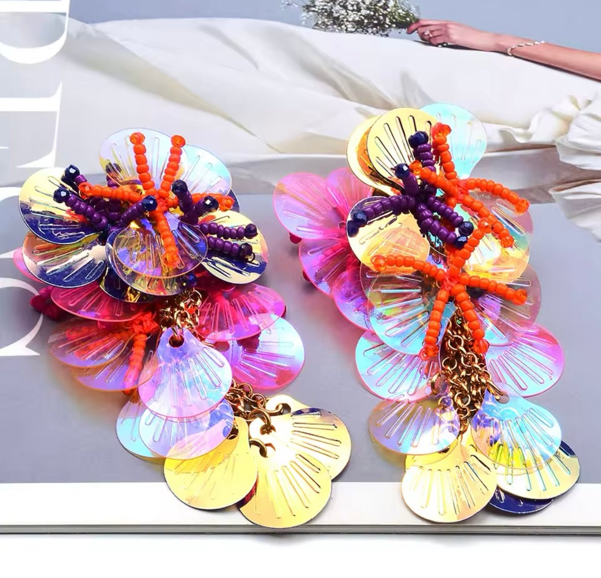 Iridescent Floral Sequin & Bead Statement Earrings - Gimmie Jewelry