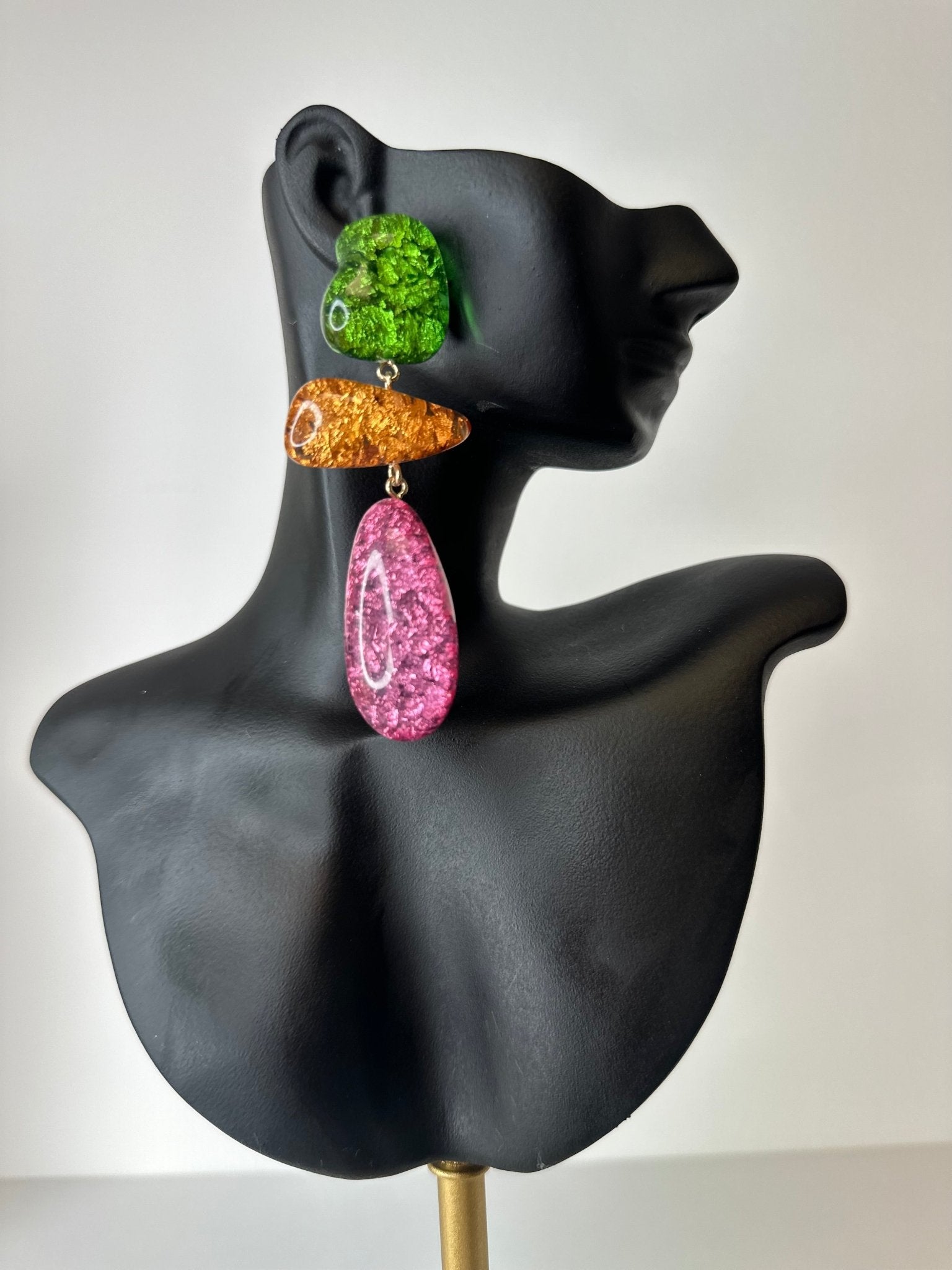 Colorblock Resin Drop Earrings – Green, Orange & Pink Statement Design - Gimmie Jewelry
