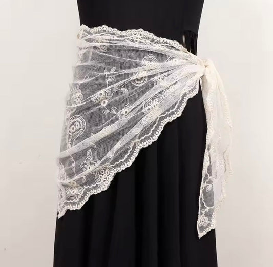 Elegant White Lace Wrap Skirt Overlay – Sheer Vintage - Inspired Waist Shawl - Gimmie Jewelry