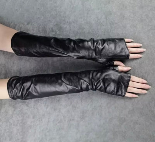 Long Black Faux Leather Arm Warmers – Fingerless Opera Gloves - Gimmie Jewelry