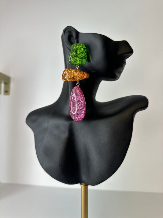 Colorblock Resin Drop Earrings – Green, Orange & Pink Statement Design - Gimmie Jewelry