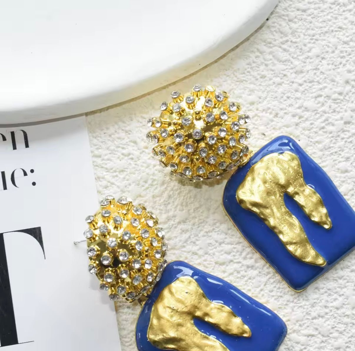 Bold Blue & Gold Statement Earrings - Gimmie Jewelry
