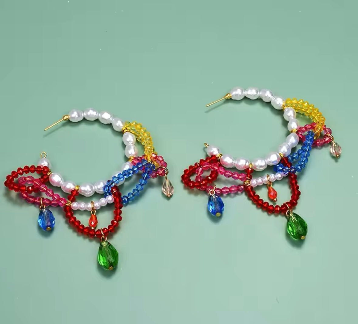 Vibrant Multicolor Crystal & Pearl Statement Hoop Earrings - Gimmie Jewelry